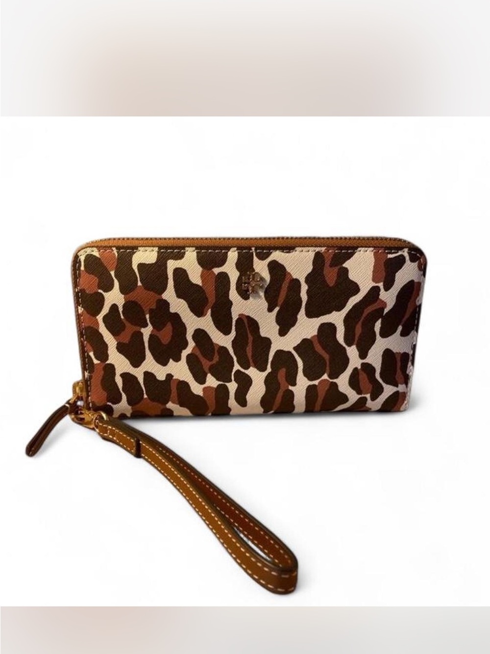 Tory Burch Leopard-Print Zip Wristlet in Brown and Cream